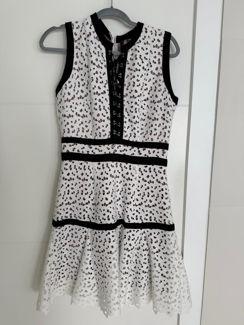 Justcavalli Sleeveless White Eyelet Dress with Black Trim and Brown Spot Details